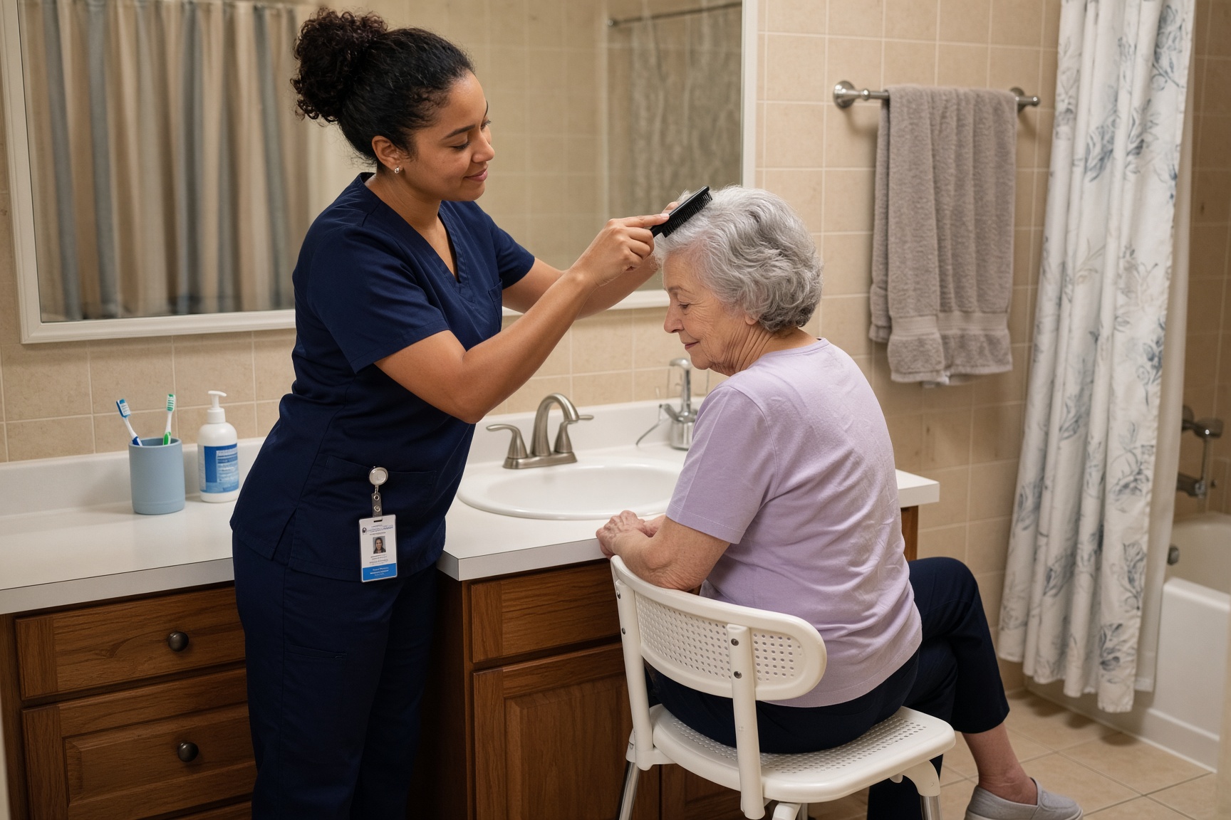 A home health aide helping a patient with grooming at the bathroom sink