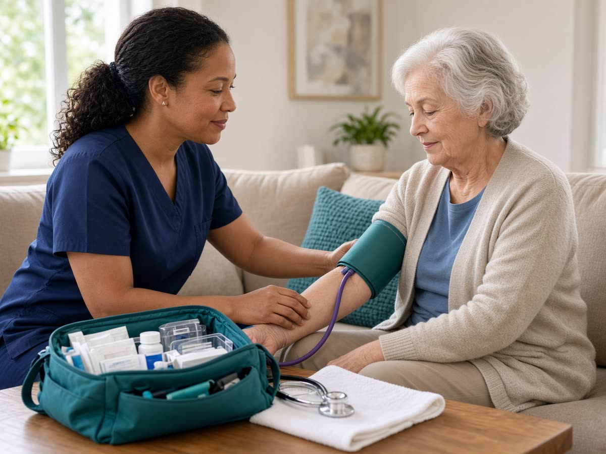 A nurse taking a blood pressure reading at a patient’s home
