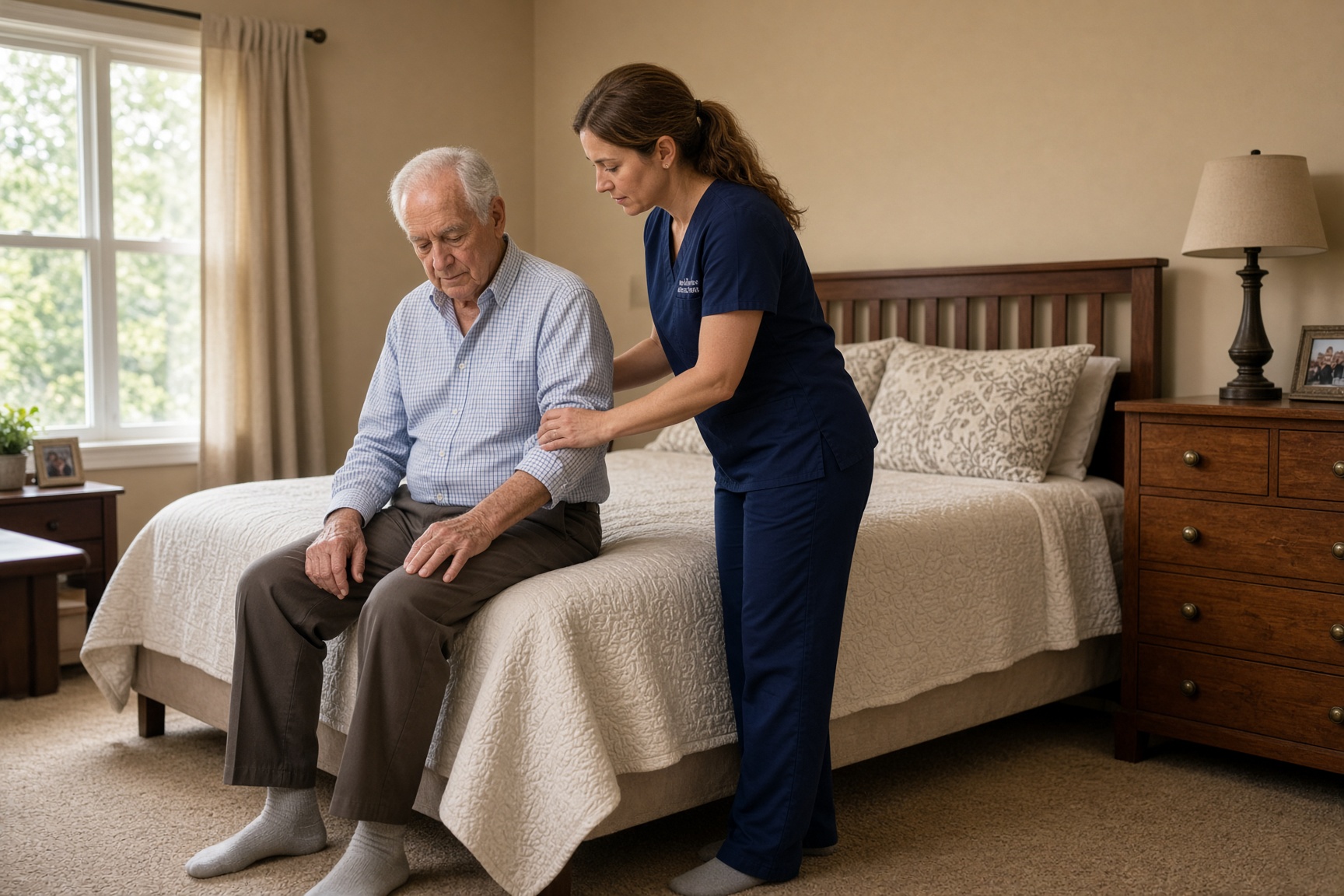 An occupational therapist helping a patient put on a shirt at home