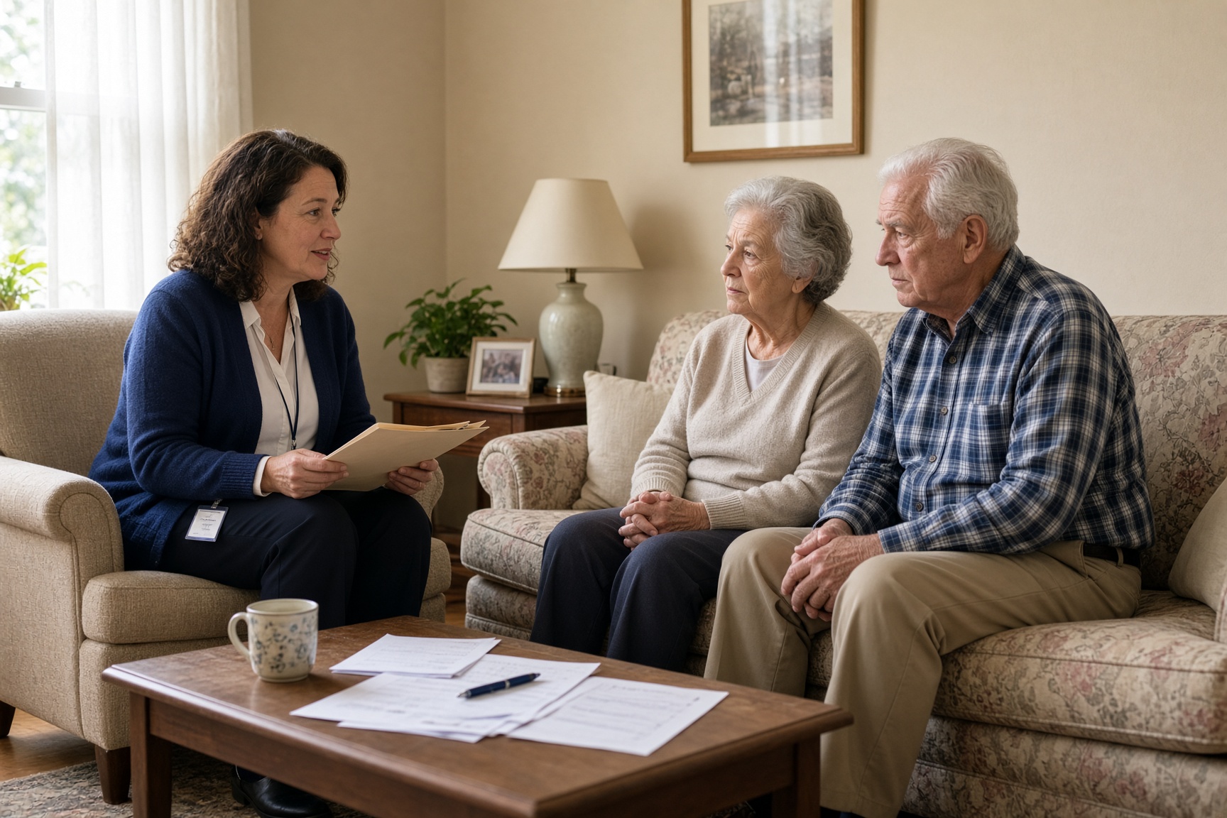 A medical social worker talking with a couple in their living room
