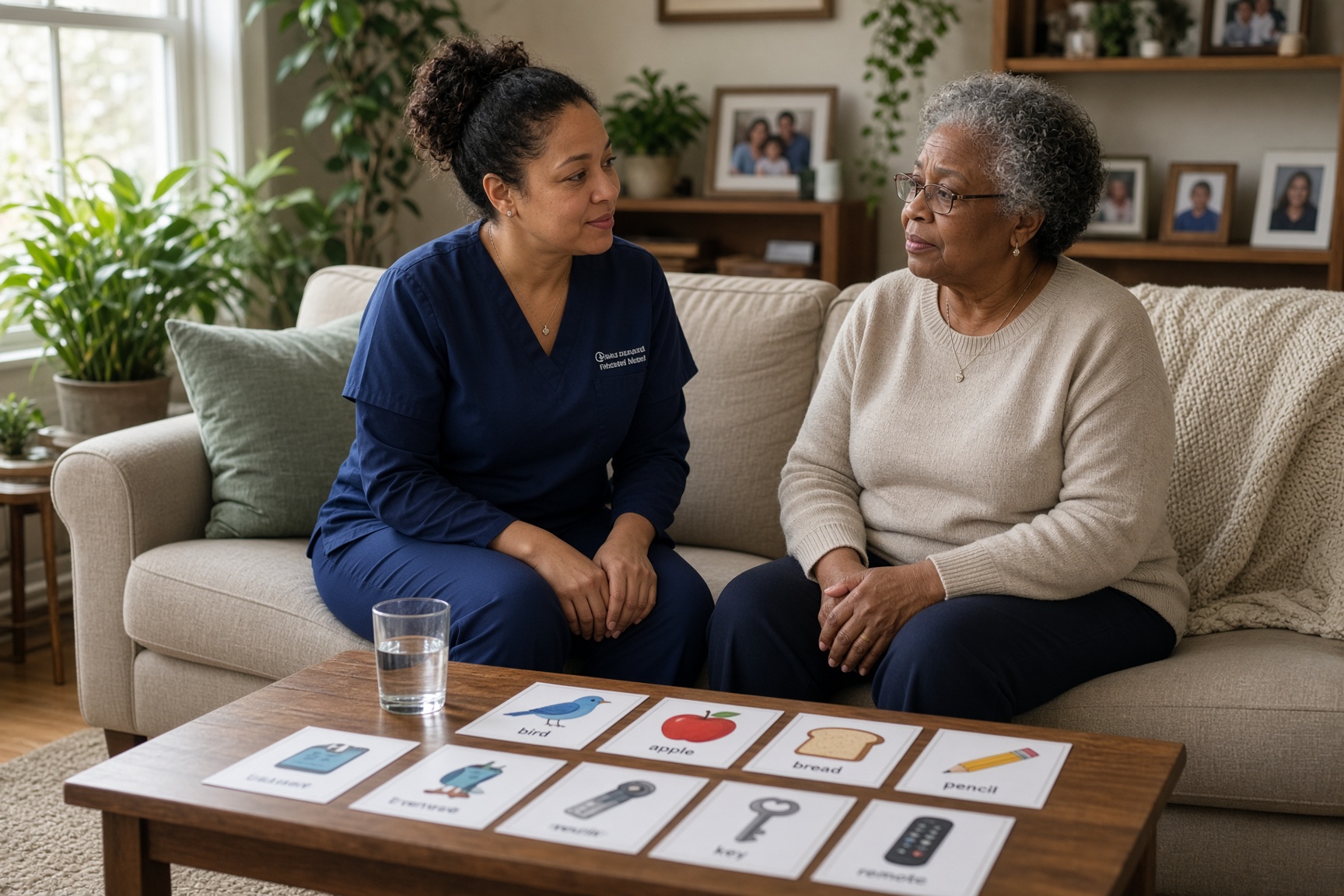 A speech-language pathologist practicing with a patient in a living room