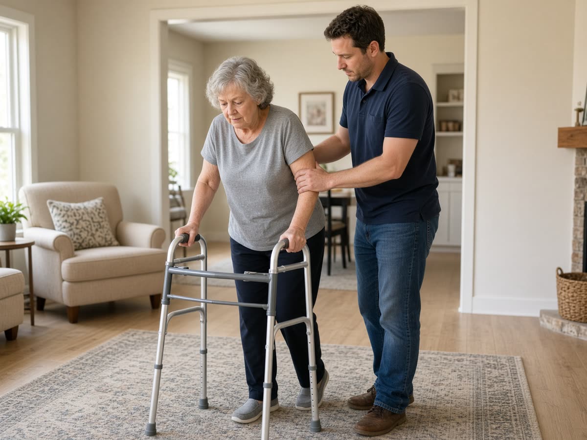 A physical therapist helping a patient walk with a walker at home